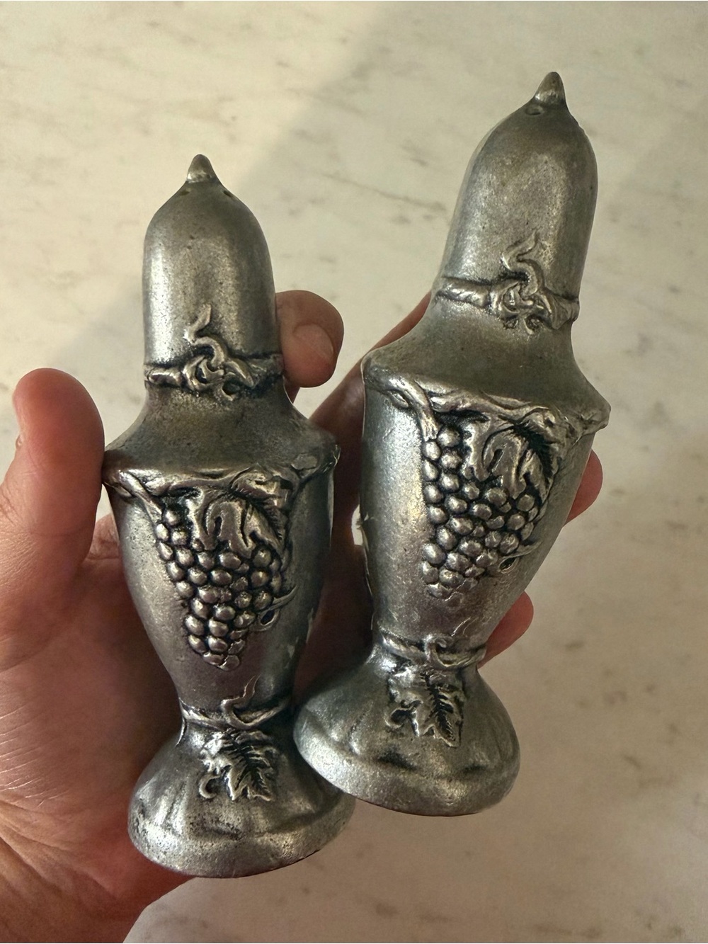Vintage Pewter Grape Motif Salt and Pepper Shakers Set